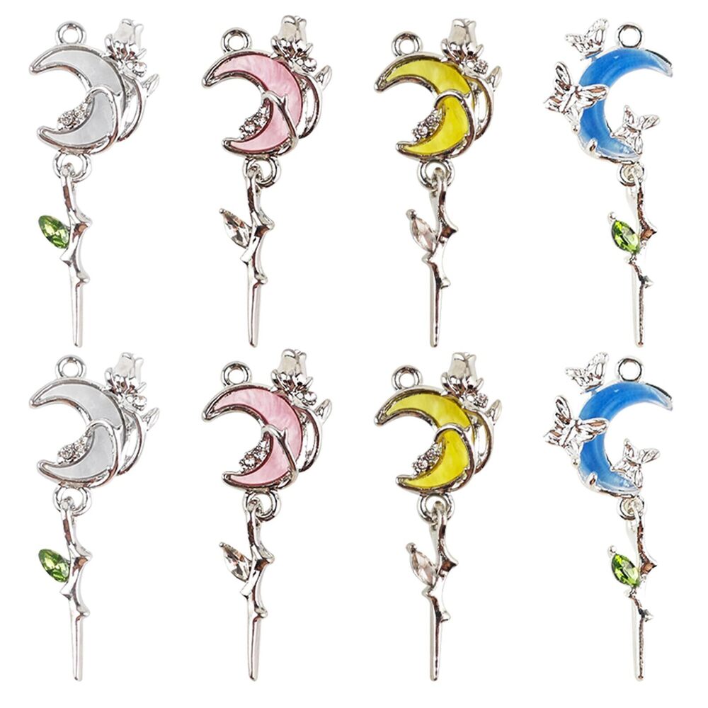 8807 8Pcs Cute Moon Flower Rhinestone Alloy Charms Moon Pendant Charms